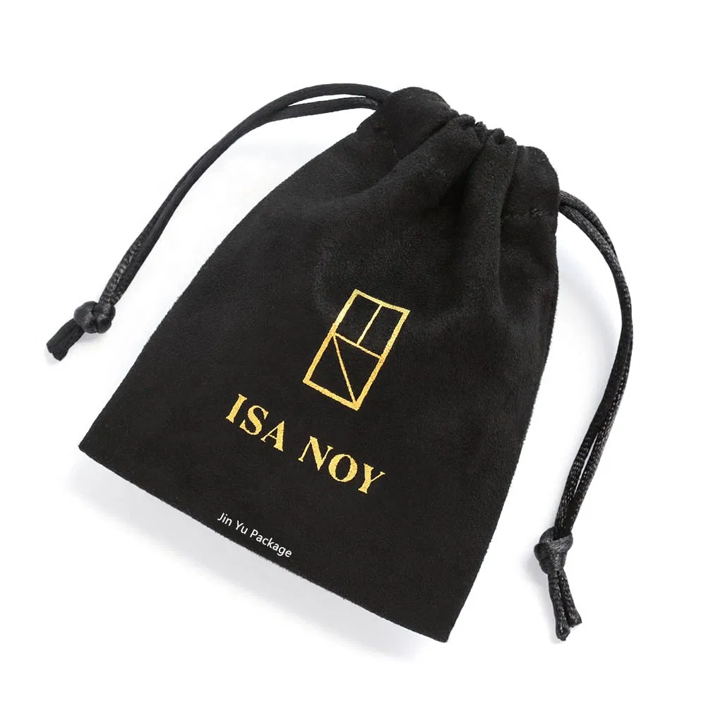 Custom Black Velvet Drawstring Velvet Jewelry Suede Packaging Pouch Bag with Gold Logo Printing