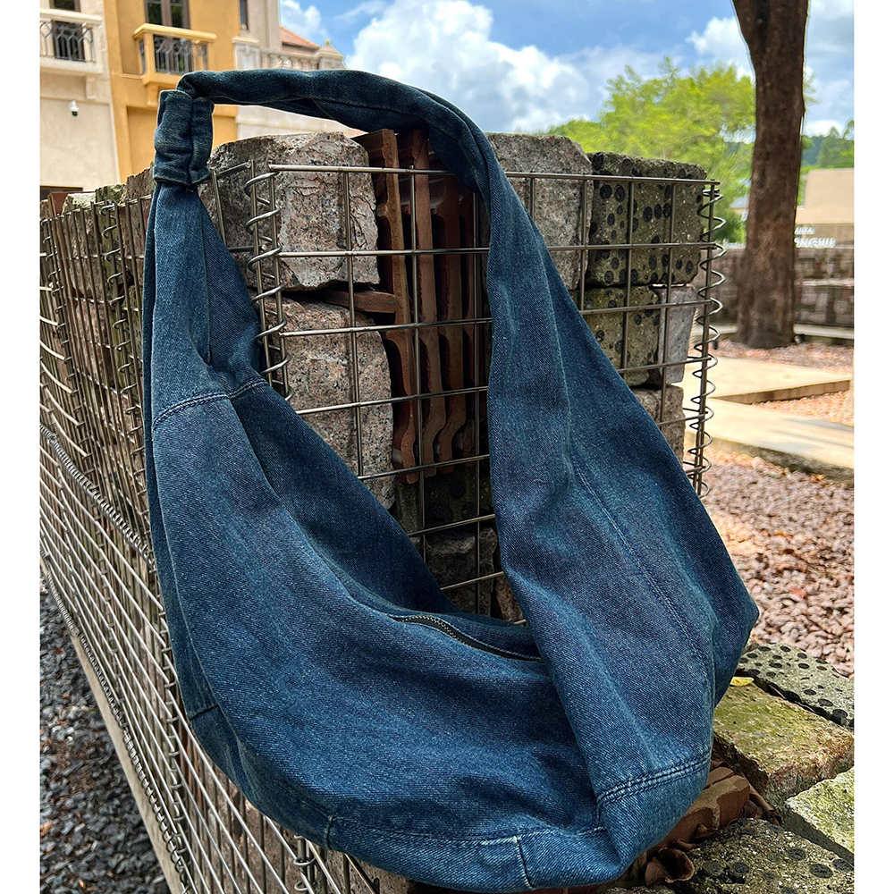 Korean Style Large Capacity Retro Crescent Bag Popular Lazy Style Denim Crossbody Drawstring Leather Chain Mini for Ladies