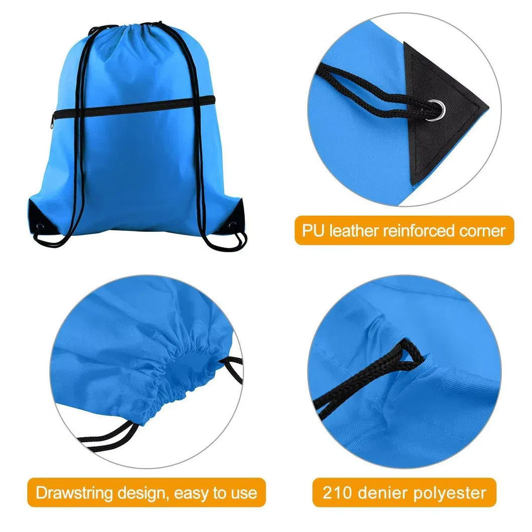 Custom Polyester Nylon Drawstring Backpack with Zipper Pocket Waterproof Gym Sports Training Bag