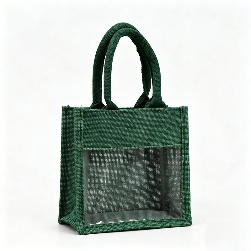 Mini Green Jute Gift Bag with Clear Window, Small Burlap Tote with Handle for Wedding Favors, Baby Shower &amp; Party Souvenir