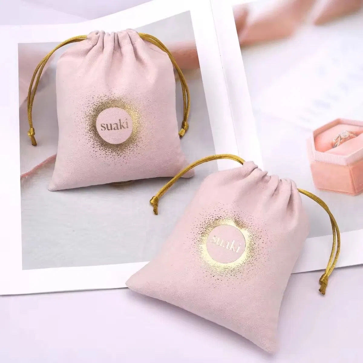 Custom Hot Stamping Suede Pouch Jewelry Perfume Cosmetic Packaging Drawstring Microfiber Bag