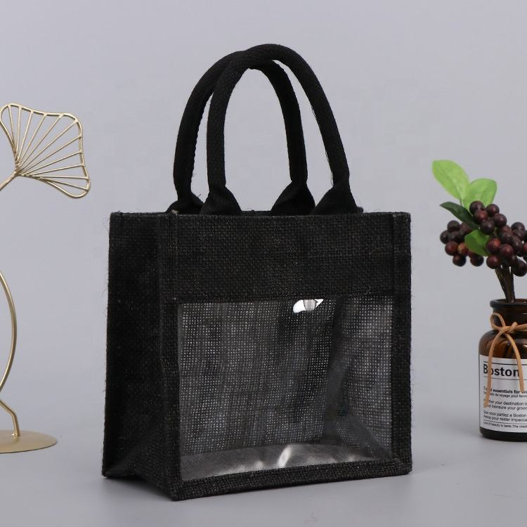 Mini Green Jute Gift Bag with Clear Window, Small Burlap Tote with Handle for Wedding Favors, Baby Shower &amp; Party Souvenir