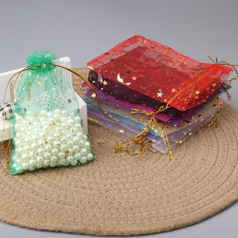 9x12cm Gold Print Star and Moon Organza Bag
