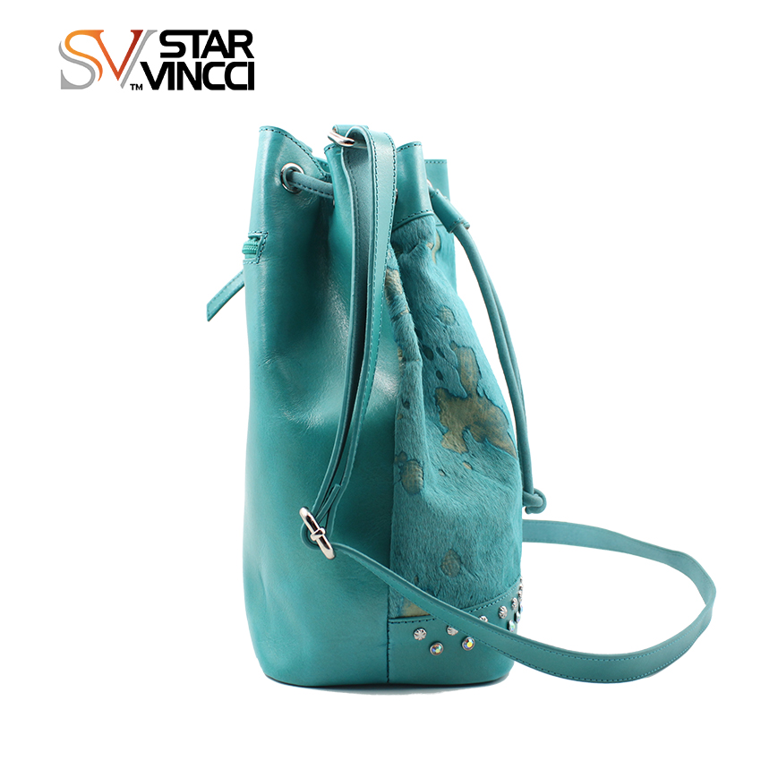 Handmade Horse Hair Drawstring Bag Leather Gem Rivet Shoulder Crossbody Bags for Women