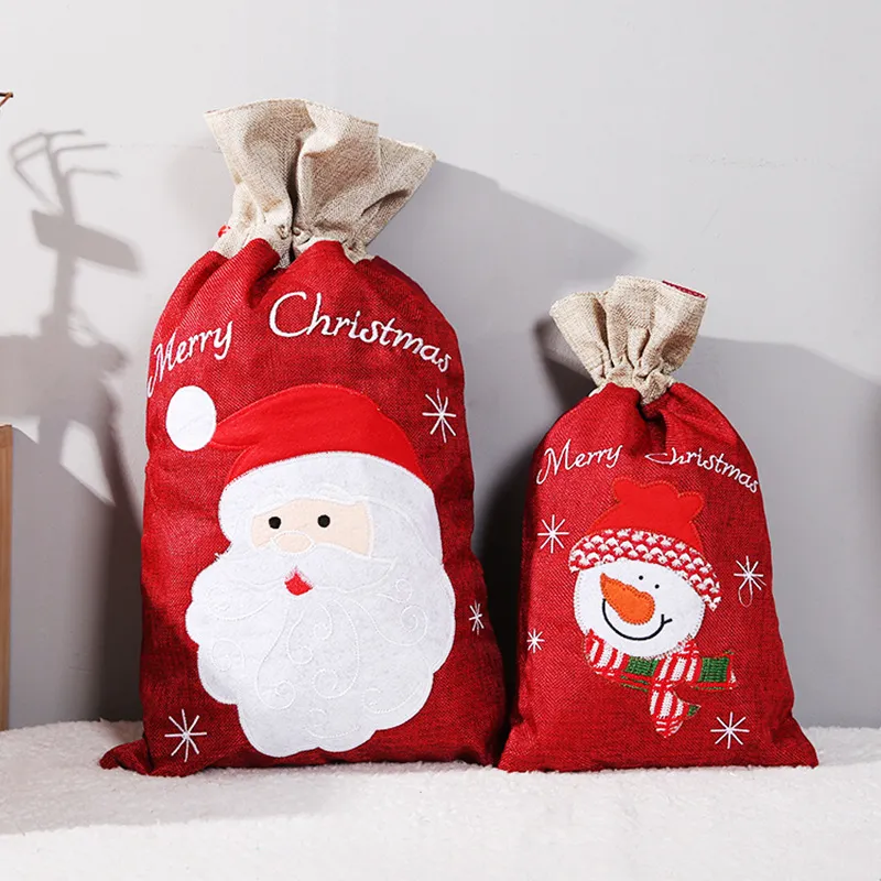 Hot Sale Linen Large Drawstring Bag Printed Custom Santa Sack Candy Bag Personalized Christmas Sacks Bag for Gifts