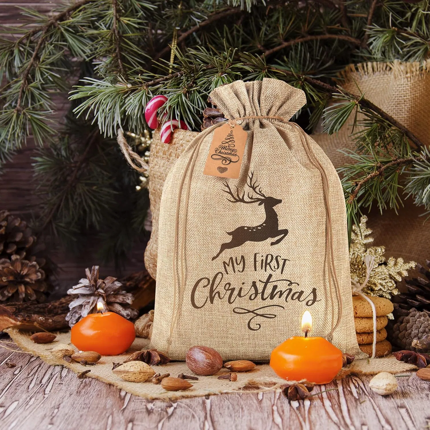 12 X 16 Inches Beige Linen Burlap Bags with Drawstring Burlap Favor Sacks for Wrapping Gifts