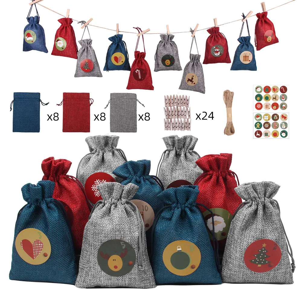 24 Decorative Hanging Small Cloth Bags Advent Calendar Drawstring Linen Bag Christmas Gift Bag Set