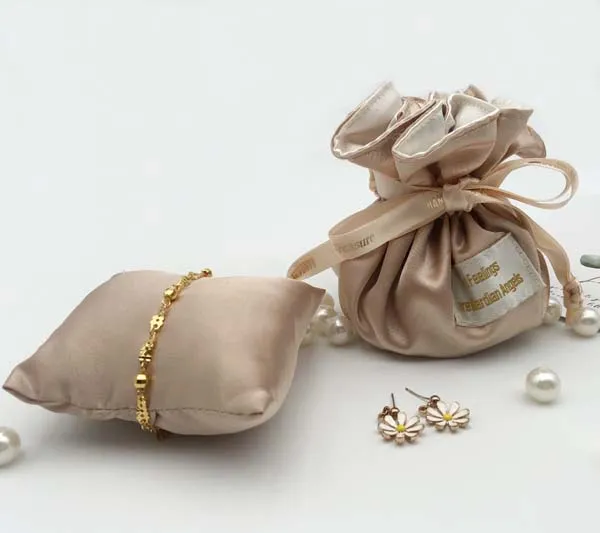 Satin Gift Pouch with Round Bottom Satin Jewelry Bag and Display Jewelry Cushion Set with Custom Logo Silk Ribbon Drawstring