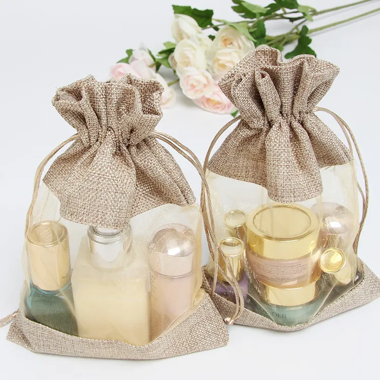 Clear Mini Promotional Burlap Jute Gift Bag Fashionable Pull String Pouch Jute Bag Custom Printed Burlap Tote Bag Drawstring Storage Bag