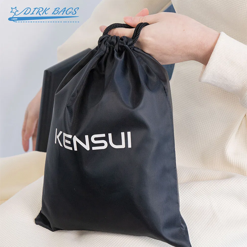 Custom Printed Reusable Black Twill Polyester Fabric Drawstring Packaging Bag Pouch Image 9
