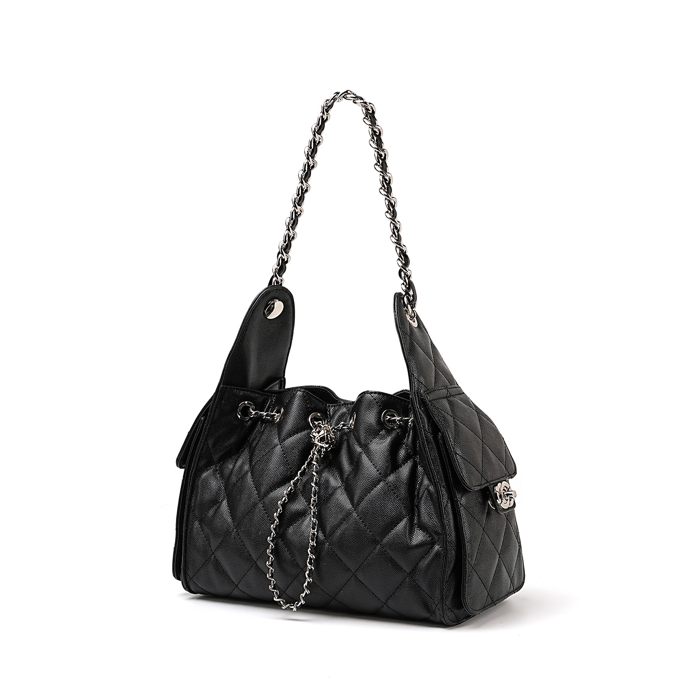 Diamond-Quilted Leather Shoulder Bag Large Capacity Travel Tote Drawstring Bucket Bag Chain-Strap Crossbody Bag for Women