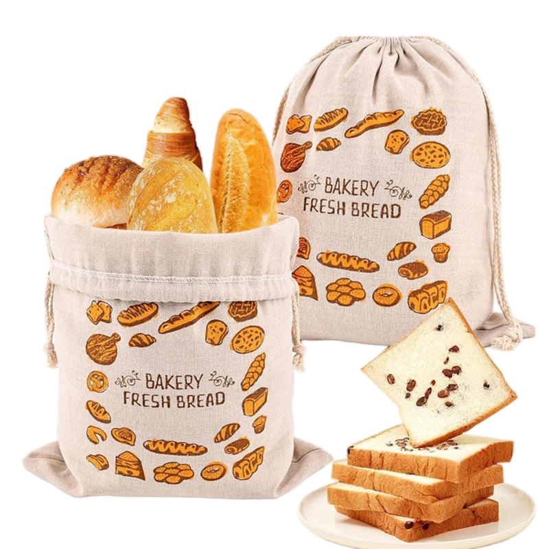 Custom French Printed Reusable Drawstring Storage Jute Organic Cotton Linen Bread Bag