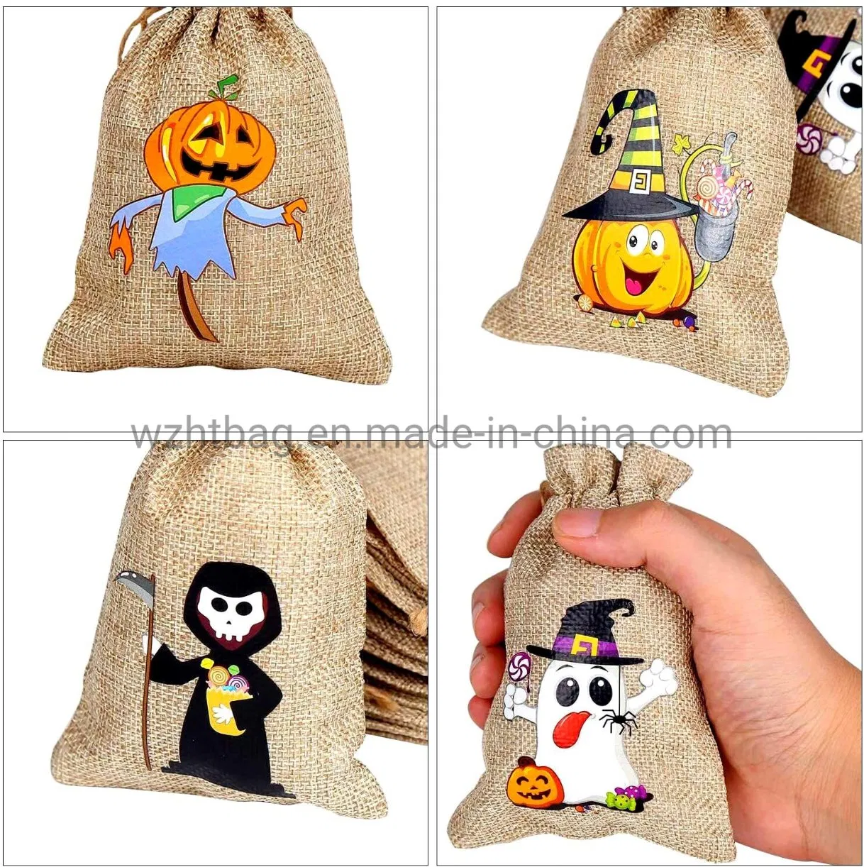 Halloween Treat Jute Candy Gift Sack Pouches with Two Drawstring for Halloween Favors Burlap Bag