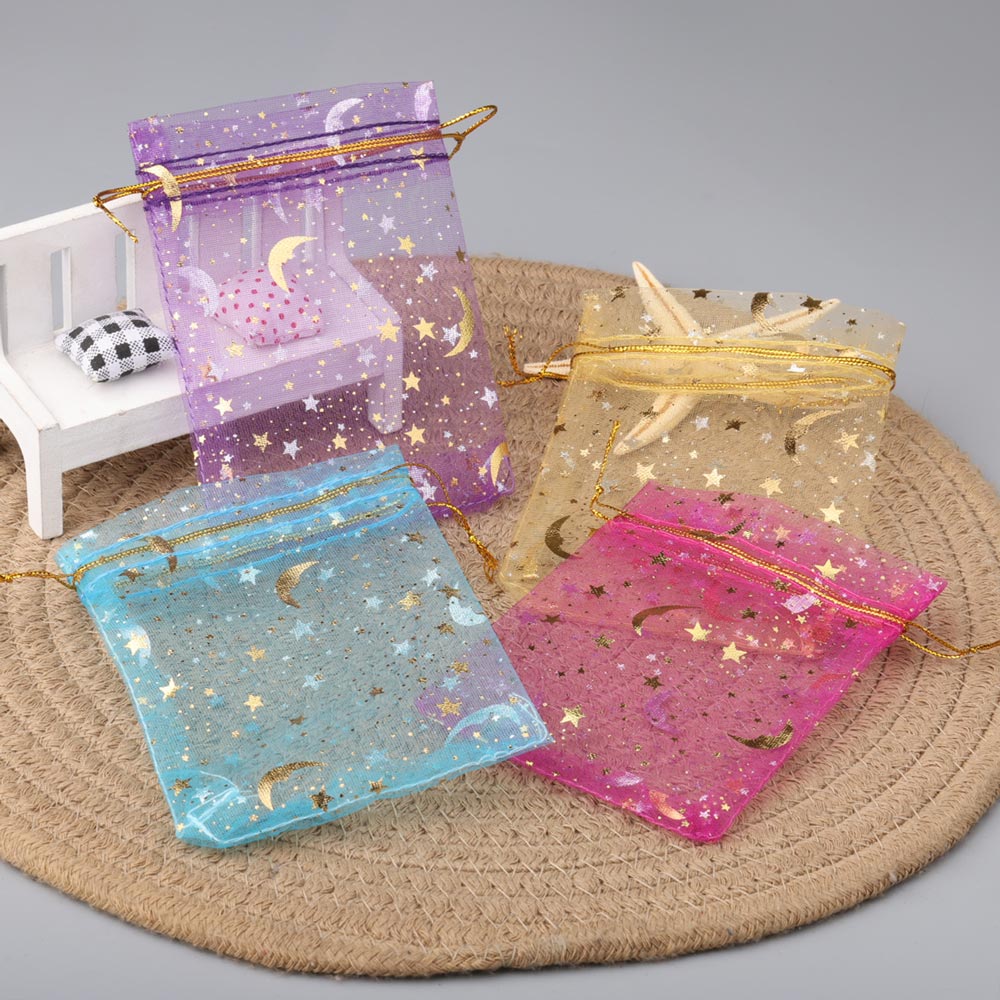 9x12cm Gold Print Star and Moon Organza Bag