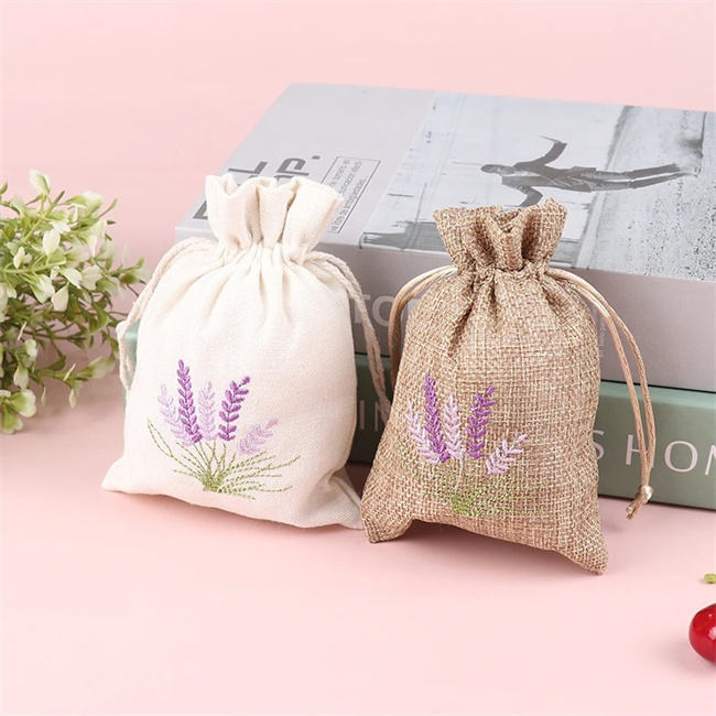 Lavender Embroidery Jute Drawstring Pouch Cotton Dust Storage Bag and Jewelry Gift Box for Party and Wedding