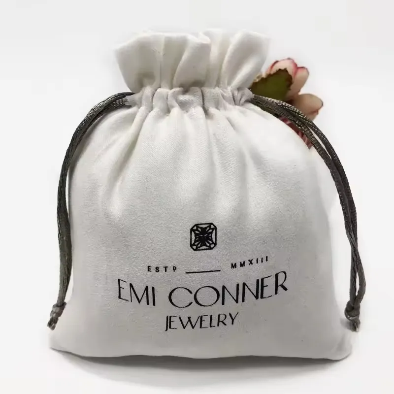 White Soft Velvet Suede Jewelry Pouch Small Fabric Jewelry Drawstring Bag