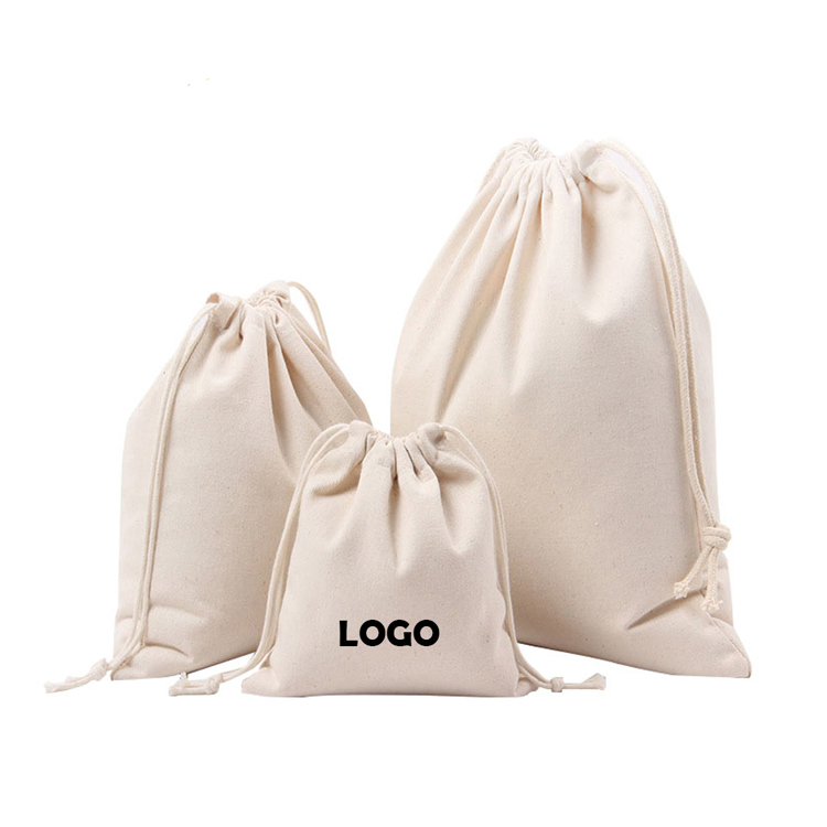 Customized Logo Natural Canvas Cotton Drawstring Bag Pouch Silk-Screen Single Double String Bag