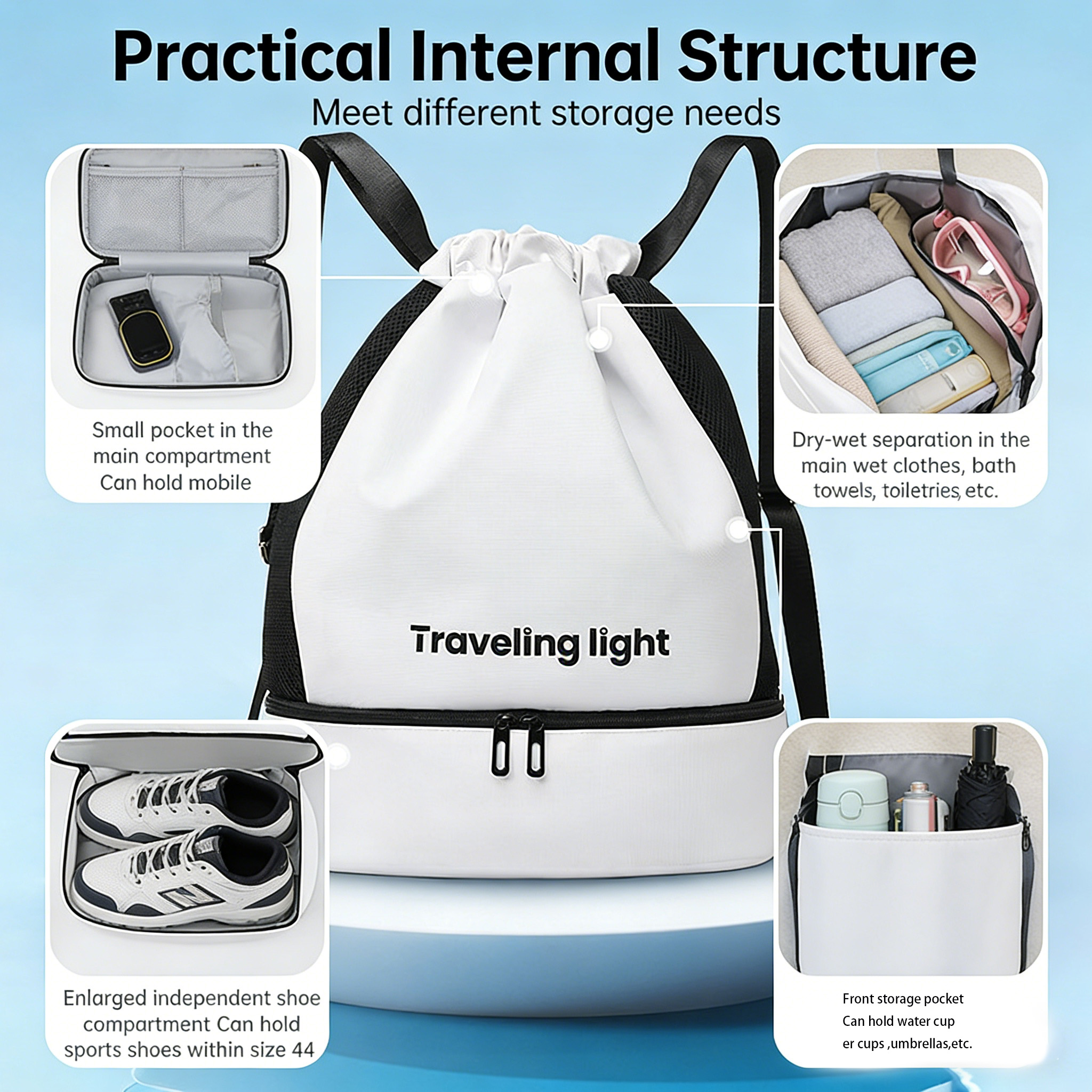 Pocket Flap Closure Water Bottle Holder Tote Sling Hobo Daypack Cinch Bag Drawstring Backpack Wet Bag Luxury Designer Style