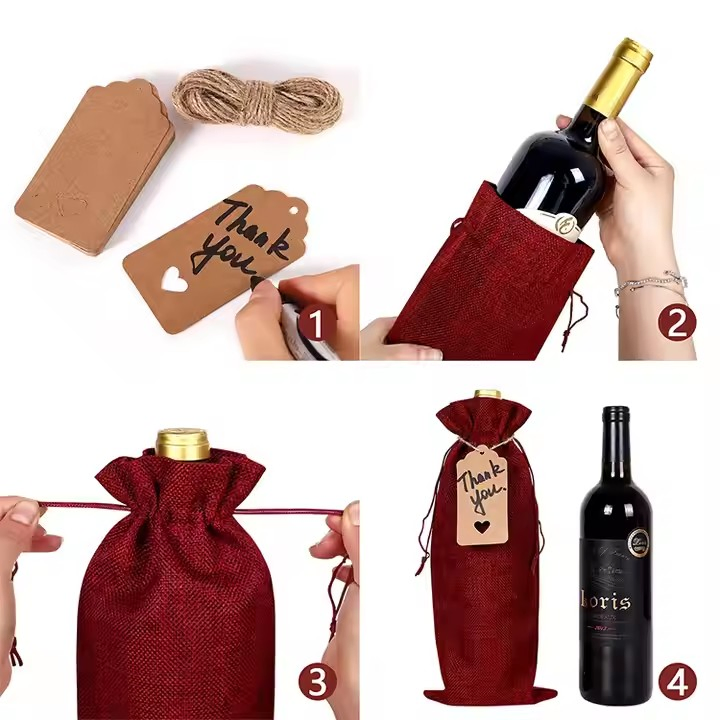 Custom Logo Reusable Eco-Friendly Burlap Jute Linen Drawstrings Wine Bottle Gift Bags