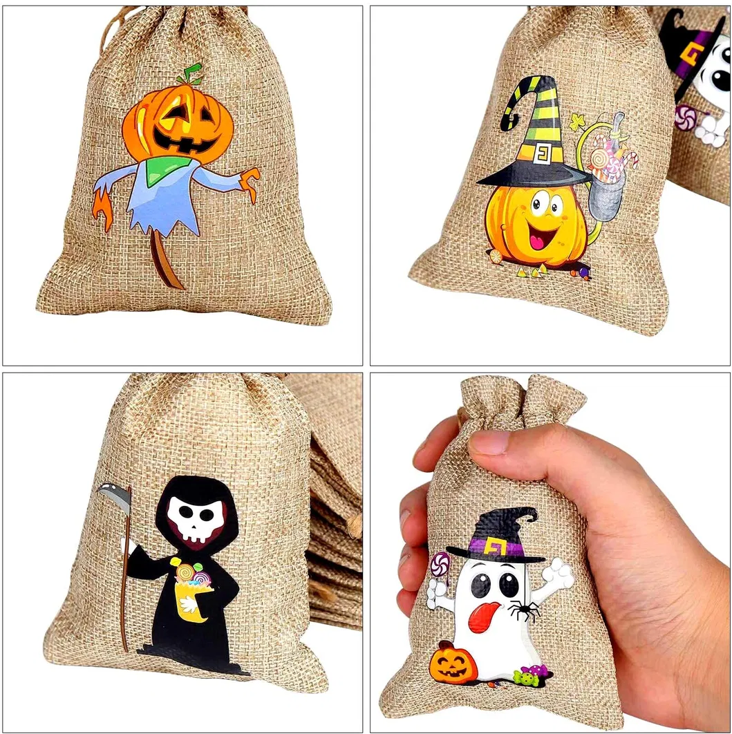 Halloween Treat Jute Candy Gift Sack Pouches with Two Drawstring for Halloween Favors Burlap Bag