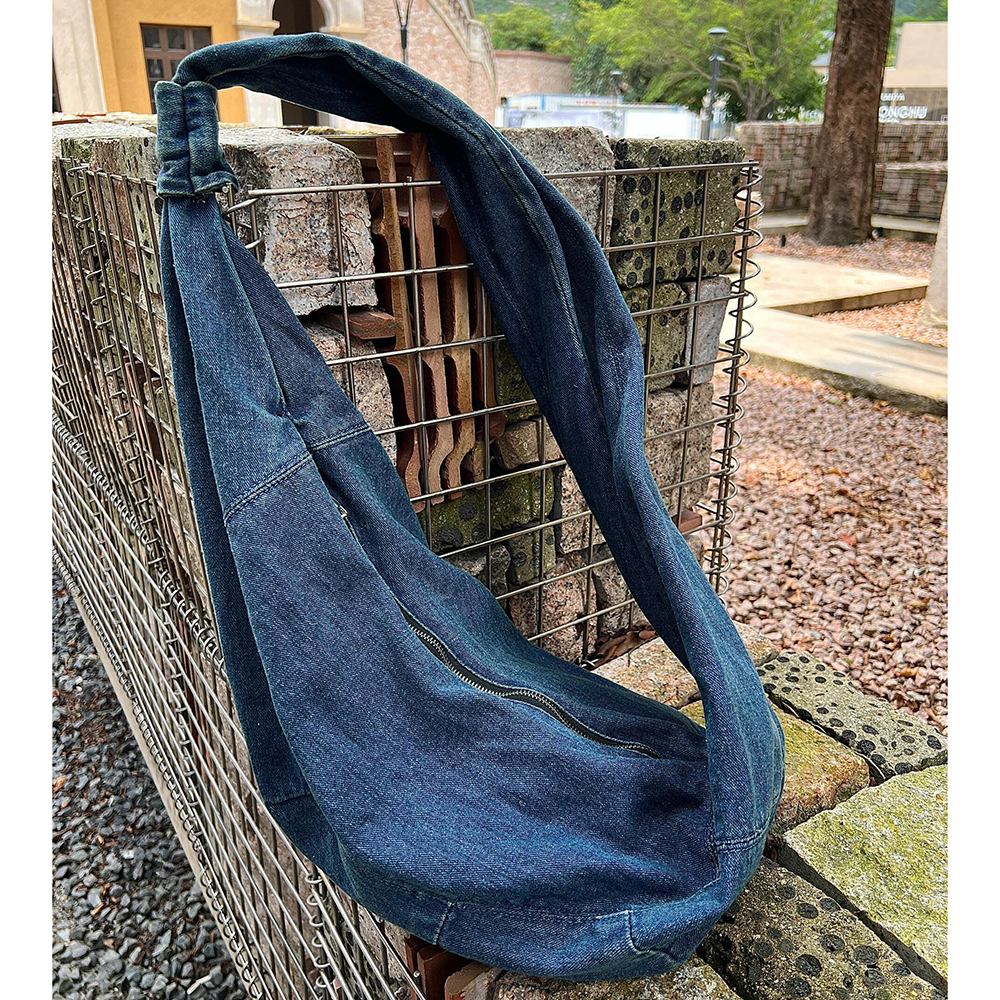 Korean Style Large Capacity Retro Crescent Bag Popular Lazy Style Denim Crossbody Drawstring Leather Chain Mini for Ladies