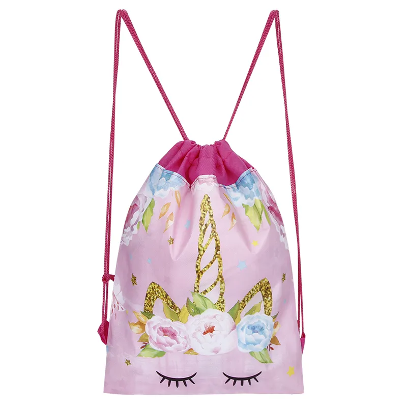 Pink Unicorn Cartoon Kids Drawstring Backpack Nylon String Travel Sports Shoes Drawstring Backpack