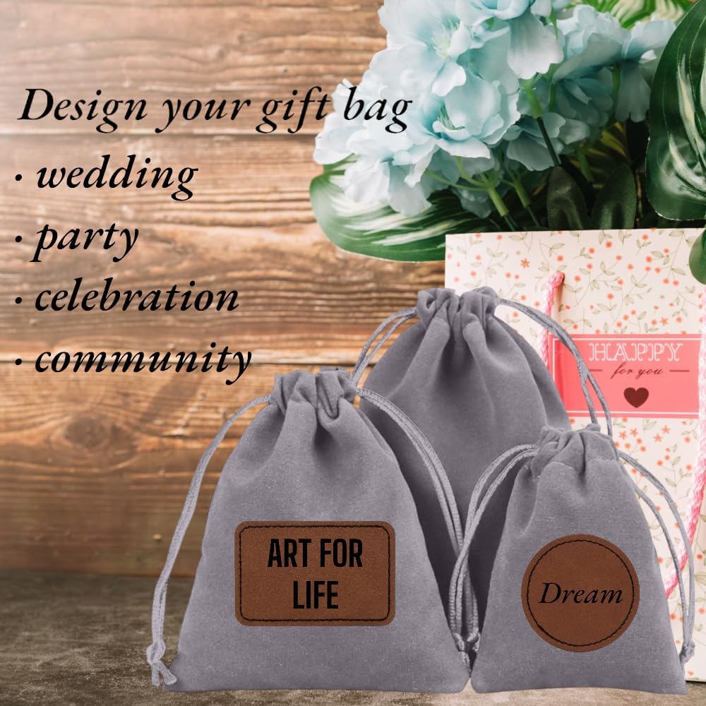 2025 Custom Tan Oval Leather Patch Drawstring Gift Bags 50 PCS Logo Name on Velvet Storage Pouches 6 X 8 Inch