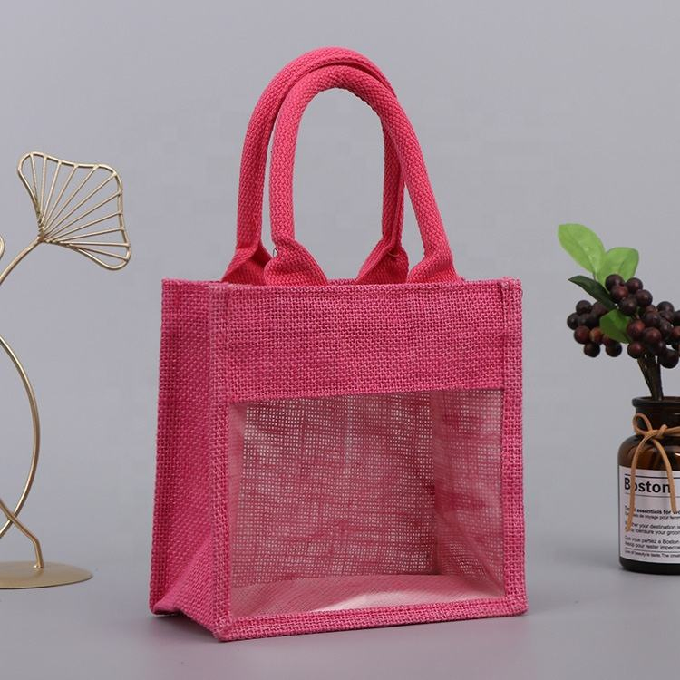 Mini Green Jute Gift Bag with Clear Window, Small Burlap Tote with Handle for Wedding Favors, Baby Shower &amp; Party Souvenir