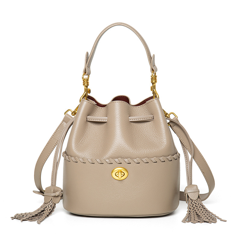 Women's Durable Genuine Leather Bucket Bag Casual Fashion Drawstring Design Crossbody Shoulder Bag 3L+ 3pcs All Seasons