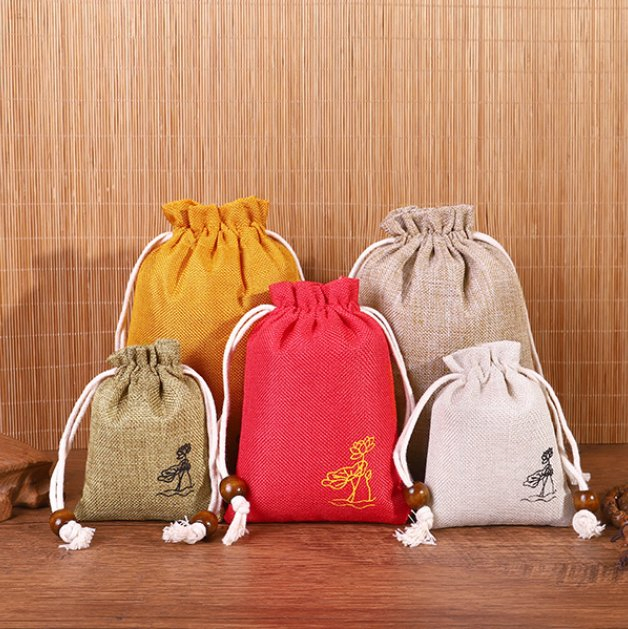 Wholesale Linen Pouches for Buddha Beads Custom Burlap Drawstring Jute Gunny Bag for Jewelry
