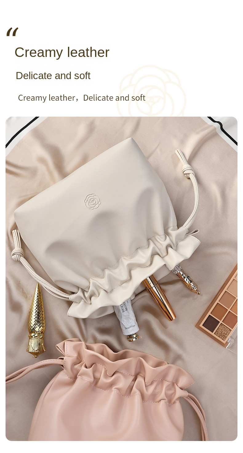 Custom Logo Travel Portable Woman Drawstring Pink Small Waterproof Pu Leather Cosmetic Makeup Storage Pouch Bag