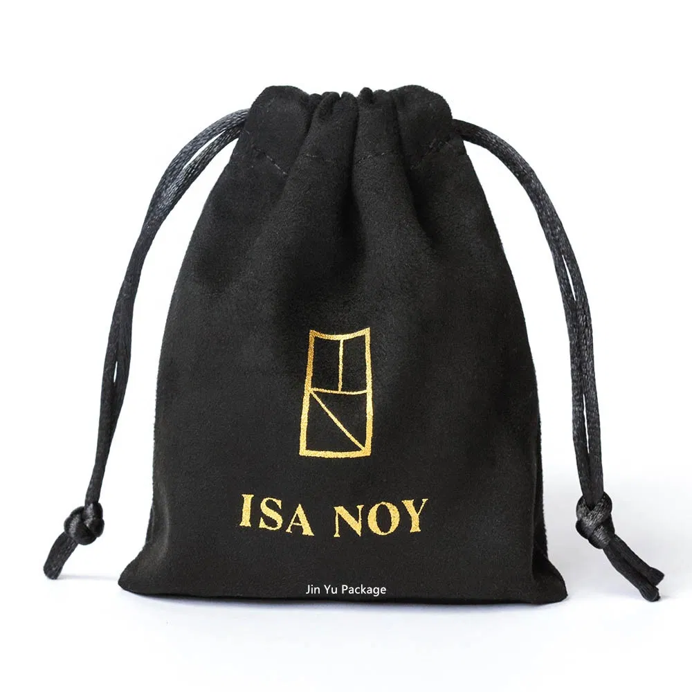 Custom Black Velvet Drawstring Velvet Jewelry Suede Packaging Pouch Bag with Gold Logo Printing
