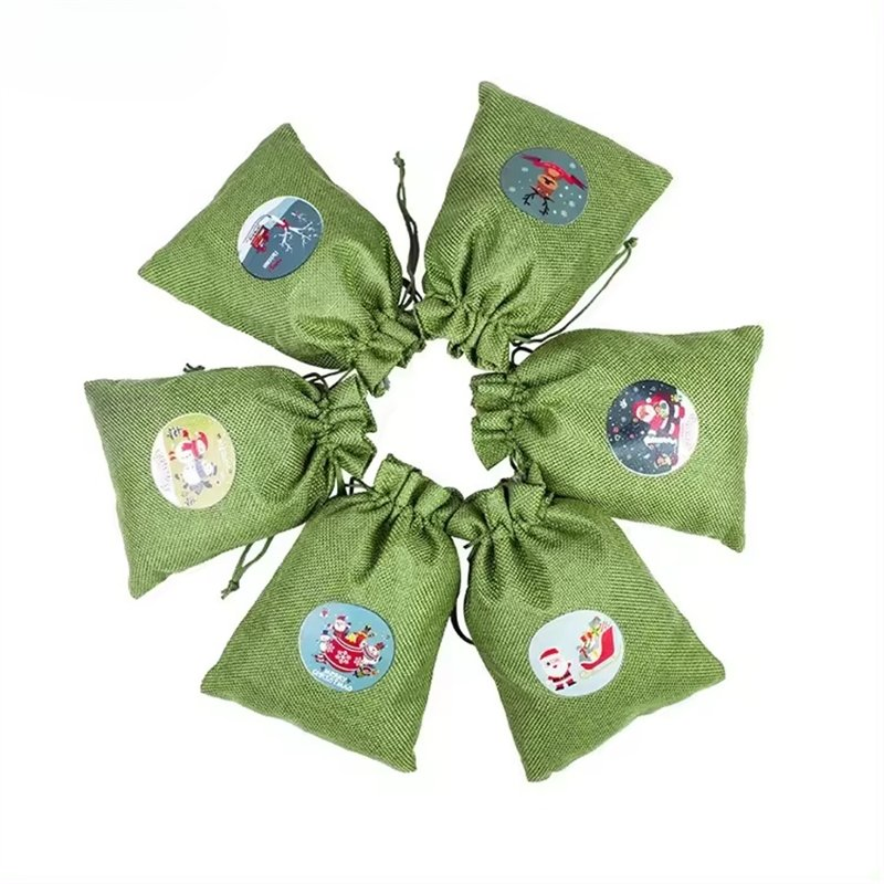 Custom New High Quality Green Linen Drawstring Bags for Packaging for Christmas