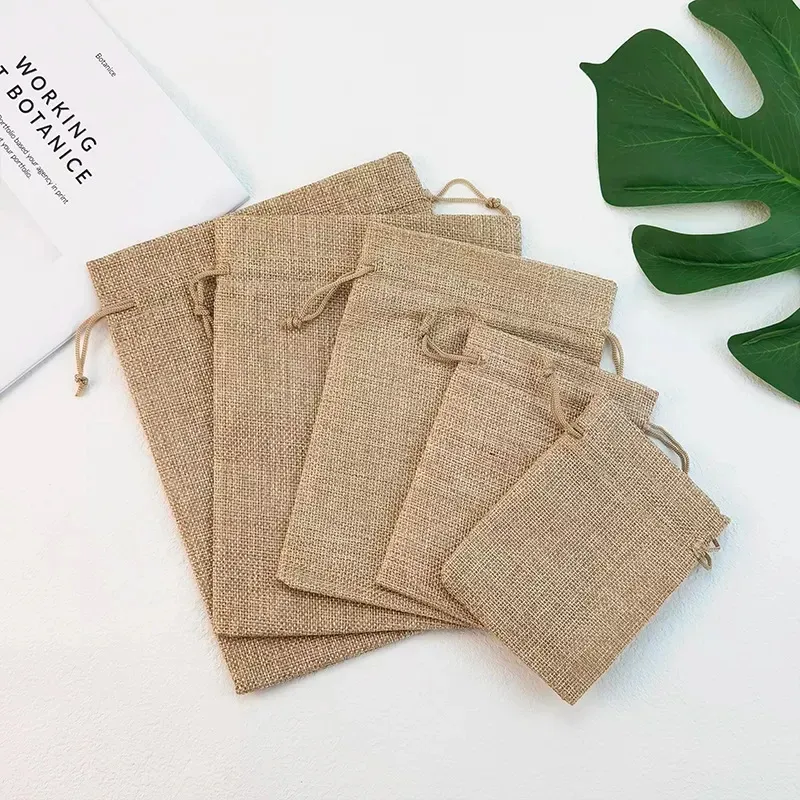 Custom Logo Printed Eco-Friendly Linen Pouch Shopping Drawstring Gift Jute Bag