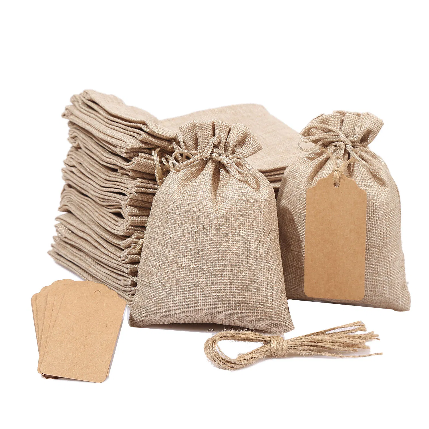 Wholesale Burlap Bags Set Custom Logo with Tag Small Gift Pouch Sack Drawstring Favor Jute Bags