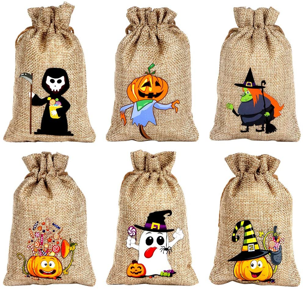 Halloween Treat Jute Candy Gift Sack Pouches with Two Drawstring for Halloween Favors Burlap Bag