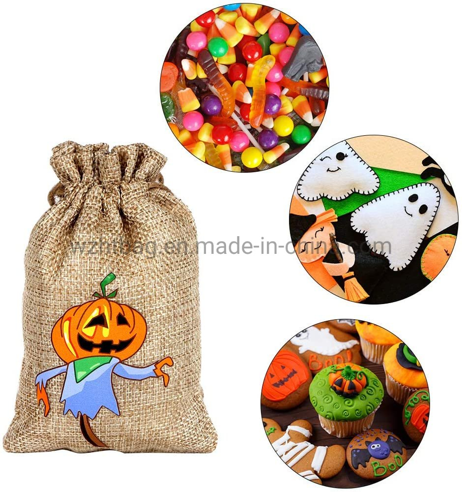 Halloween Treat Jute Candy Gift Sack Pouches with Two Drawstring for Halloween Favors Burlap Bag