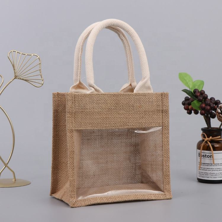 Mini Green Jute Gift Bag with Clear Window, Small Burlap Tote with Handle for Wedding Favors, Baby Shower &amp; Party Souvenir