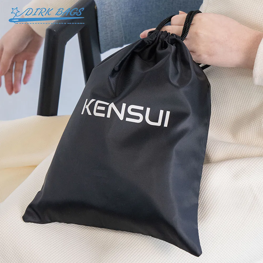 Custom Printed Reusable Black Twill Polyester Fabric Drawstring Packaging Bag Pouch