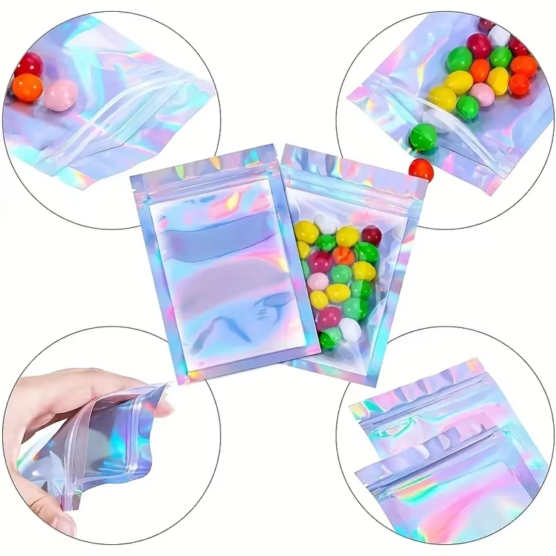 Customized Printed Colored Metallic Heat Sealing Plastic Holographic Laser Aluminum Foil Gold Zip Lock Mylar Bag for Candy Gifts