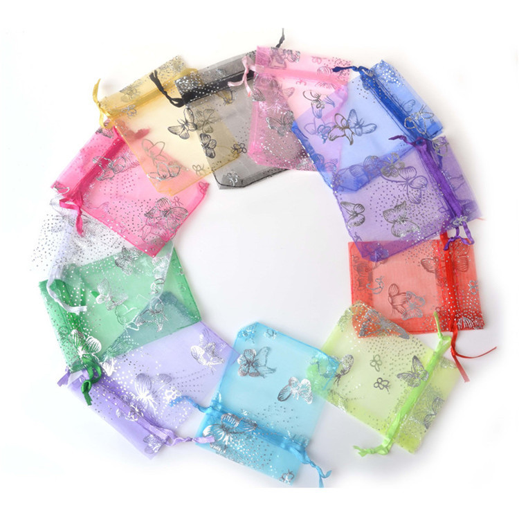 Metallic Gold Silver Foil Butterfly Organza Pouches Wholesale Drawstring Bags for Jewelry Cosmetics Christmas Gift Packaging