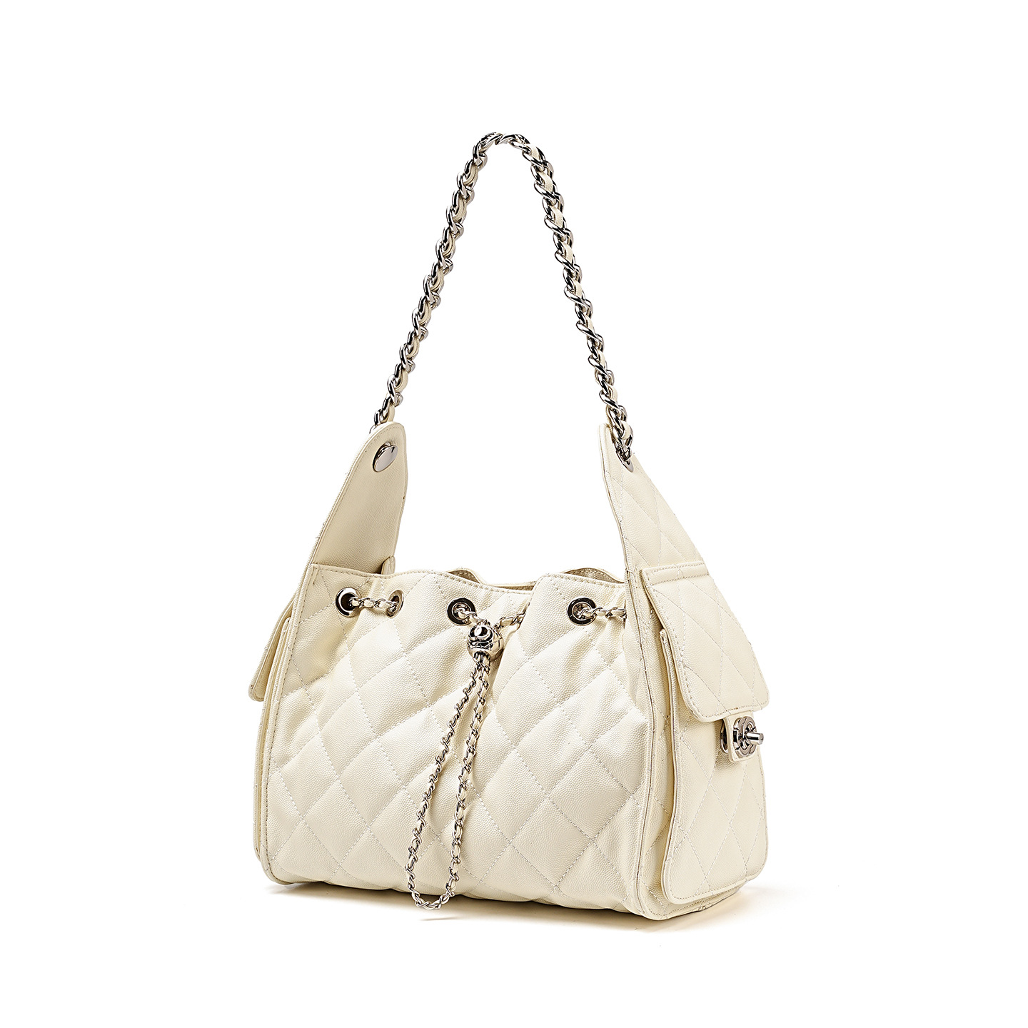 Diamond-Quilted Leather Shoulder Bag Large Capacity Travel Tote Drawstring Bucket Bag Chain-Strap Crossbody Bag for Women