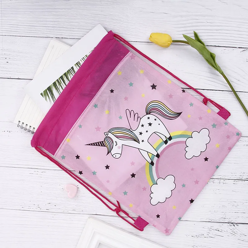 Pink Unicorn Cartoon Kids Drawstring Backpack Nylon String Travel Sports Shoes Drawstring Backpack
