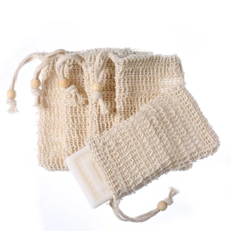 Eco Friendly Factory Promotional Natural Sisal Fiber Linen Mesh Drawstring Soap Bag