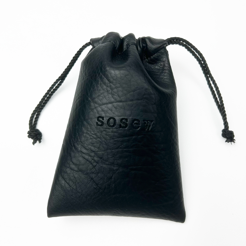 SoSew Deboss logo Drawstring Pu Leather Cosmetic Perfume Pouch Durable Black Leather Bag for Jewelry Earpiece