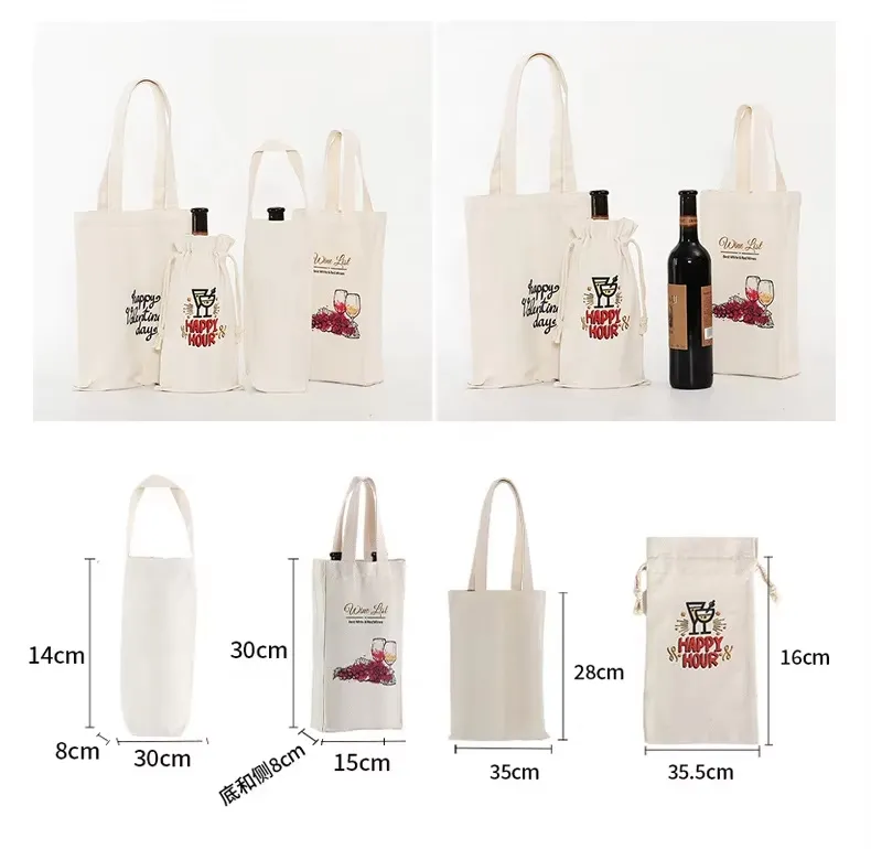Popular Wedding Gift Canvas Wine Tote Bag with Drawstring Pocket for Wine Packaging for Shopping
