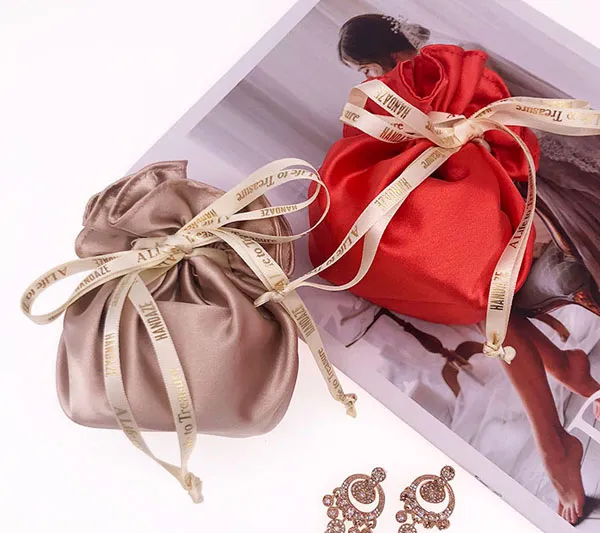 Fabric Drawstring Gift Bag Soft Satin Gift Pouch with Silk Ribbon Printed Logo Silk Jewelry Bag