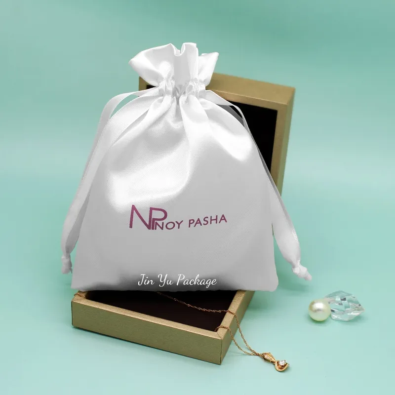 Luxury White Silk Satin Drawstring Jewelry Gift Packaging Pouch Bags