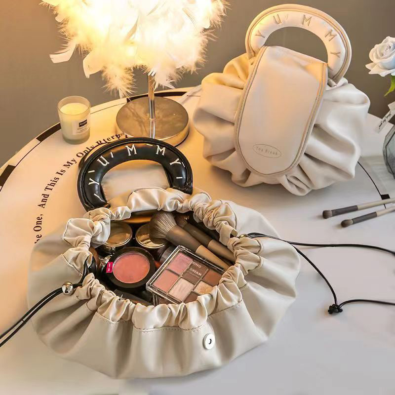 Custom Logo Drawstring Large Capacity Foldable Makeup Pouch Portable Travel Organizer Pu Leather Women Beauty Storage Waterproof