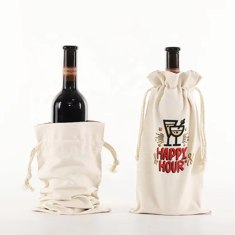 Popular Wedding Gift Canvas Wine Tote Bag with Drawstring Pocket for Wine Packaging for Shopping